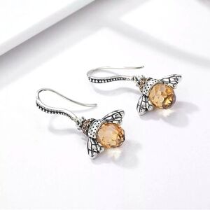 Queen Bee Amber Zircon Crystal Silver Hook Dangle Earrings Spring Summer Floral